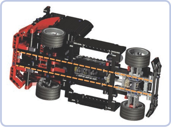 The LEGO 8041 set, a small racing truck, is a good example of a model built around two parallel rails.