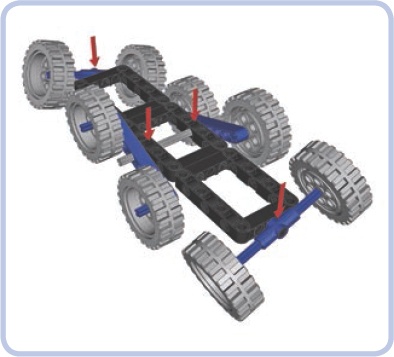 A chassis with eight wheels and four fulcrums, meaning it has a 4-point suspension. Long, multiwheeled vehicles often have more than three fulcrums.