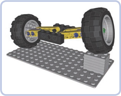 The Tatra-type suspension negotiating an obstacle with one wheel. Note that the orientation of the wheels changes in the process, which is why this suspension requires tires with a round profile (balloon tires) to maintain good traction.