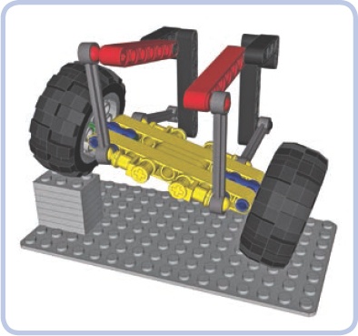 A floating axle negotiating an obstacle with one wheel. Note that the orientation of all four links is changed, while the chassis’ orientation remains the same.