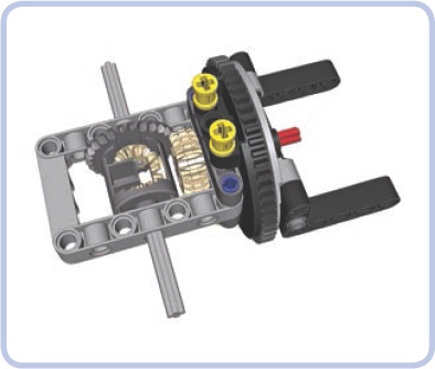 The newer type of Technic turntable is used to attach the suspension (the light grey frame) to the chassis (the black L-shaped beams). A turntable is a very rigid structure capable of supporting huge loads while adding minimum friction to the driveshaft (red) that goes through it.