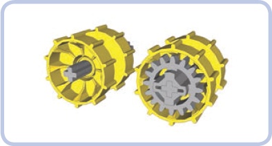 Two tread hubs: one empty (left) and one with a 16-tooth gear inserted (right). Since the hub is less than 3 studs wide, the gear sticks out slightly.