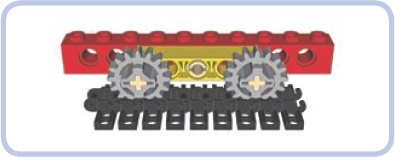 The yellow beam rotates around the central pin, creating a bogie with two road wheels.