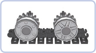 Concealing 16-tooth gears behind 18×8 mm wheels (#56902). As shown here, the two sides of these wheels look different and can be used together to create an interesting aesthetic effect.