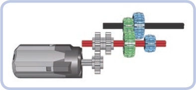 The inside of a simple 2-speed transmission. Consider what happens if we move the red axle 1 stud to the left and the green gears disengage and blue gears engage, changing the gear ratio between the motor and the output axle.