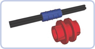 The transmission driving ring (red) has to be placed over a ribbed axle joiner (blue). The axle joiner connects two axles, with each of them going 1 stud deep inside it.