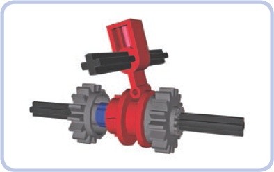 The transmission driving ring and the transmission changeover catch. Note that the catch rotates together with the axle it sits on, but it can slide along it freely. Some transmissions make use of this property. To see an animation of this process, visit .