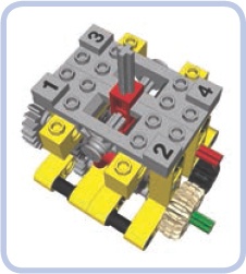 The 4-speed synchronized transmission with a single control lever moving in an H pattern. Note the special so-called “changeover plates” (light grey) used to control the shifting lever’s movement and to support the axle it moves along.