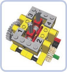 The 4-speed synchronized transmission with two control levers, each controlling a single transmission driving ring. Note that both rings can’t be engaged at the same time: One has to be set in neutral position before the other one is engaged.