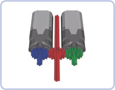 Two hard-coupled motors with a single output, shown in red