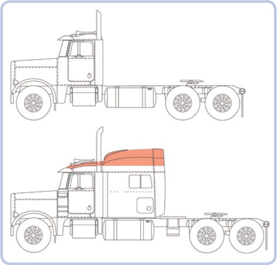 The longnose Peterbilt truck, shown without the sleeper module (top) and with sleeper module (bottom). The air deflector is marked with orange.