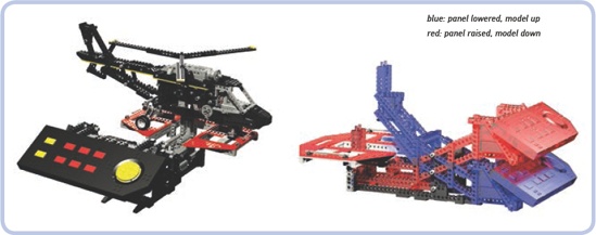 The LEGO 8485 Control Center II set features a large helicopter on a simple boom (left). By manually lowering the control panel (right), which acts as the helicopter’s counterbalance on the boom, we can lift the model up and simulate the movement of free flight—for example, the tilting of the hull.