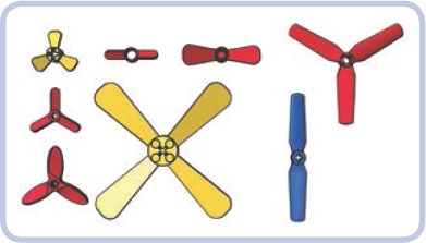 The LEGO ready-made propellers with pin holes (red) and axle holes (yellow), along with the #2952 propeller (blue), which can be used in pairs to create a 1-stud-thick, four-bladed propeller.