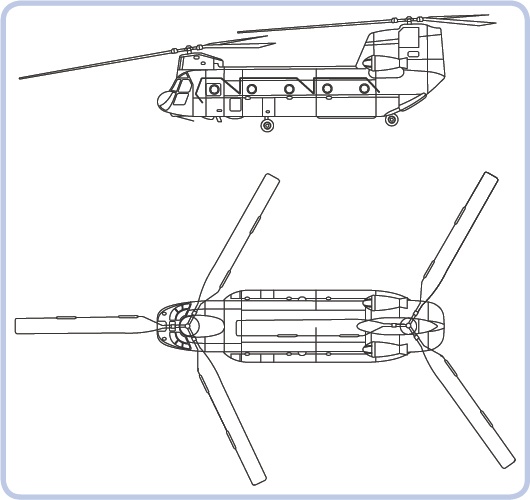 The Boeing CH-47 Chinook also comes with two main rotors, located at opposite ends of the hull and at different heights. Such an arrangement is called a tandem.