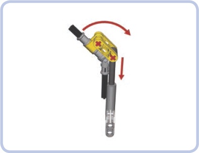 An example of a simple rotor-tilting mechanism. The black axles with a universal joint are the driveshaft, connecting the rotor on the top with a motor on the bottom. Retracting and extending the linear actuator changes the angle of the axle above the joint and thus of the whole rotor.