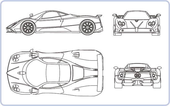 A typical blueprint showing the Pagani Zonda C12 F sports car