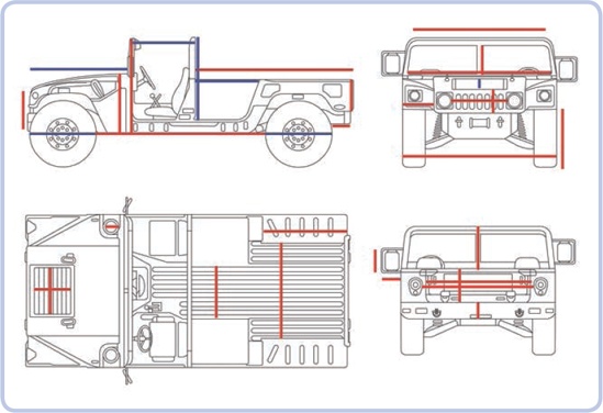 A blueprint of the Humvee with the core dimensions marked. The angular silhouette of this car is convenient for both measuring and modeling.