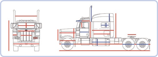 A blueprint of the Peterbilt 379 truck with the core dimensions marked. These include the dimensions of the airfoil, fifth wheel, hood, and side fuel tanks.