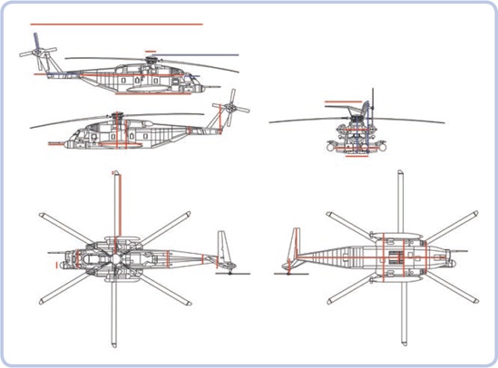 A blueprint of the Sikorsky MH-53 Pave Low helicopter with the core dimensions marked. These include the dimensions of the hull, tail boom, tail fin, both rotors, and main rotor hub.