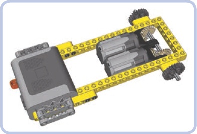 An 8-stud-wide hull with a 6-stud-wide internal space, large enough to house two PF Medium motors side by side, one driving the left sprocket wheel and the other driving the right sprocket wheel. A Power Functions battery box can also be housed inside if you make holes for it in the sides of the hull. The protruding parts of the battery box can be concealed inside the tracks.