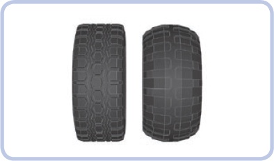 The so-called Technic Racing wheel with a regular tire (left) and a balloon tire (right). The tires are very similar in size, but the balloon variant is softer, has deeper tread, and usually works better on rough terrain.