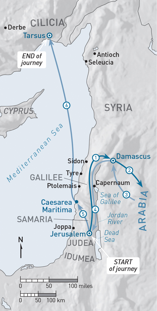 Paul traveled from Jerusalem to Damascus, to Arabia, back to Damascus, back to Jerusalem, to Caesarea Maritima, to Tarsus.