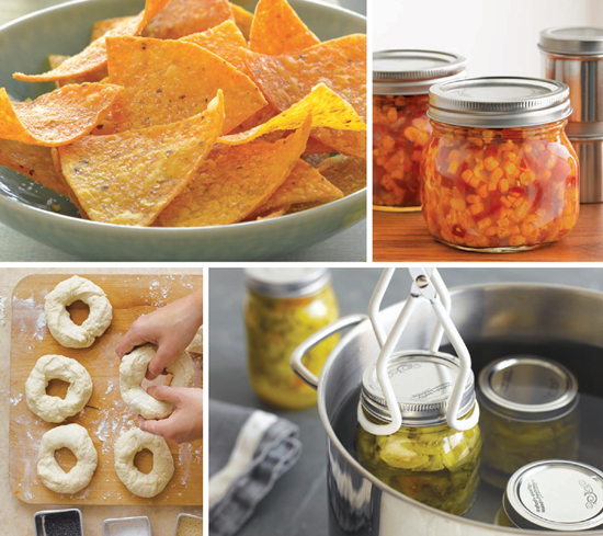 A collage of four images: corn chips, sweet pepper and corn relish, shaping bagels, and removing canning jars from a pot with plastic-coated tongs