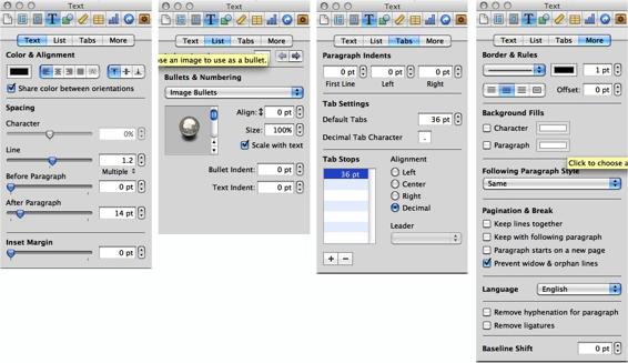 The four tabs of the Text Inspector put almost all your text formatting tools in one place.
