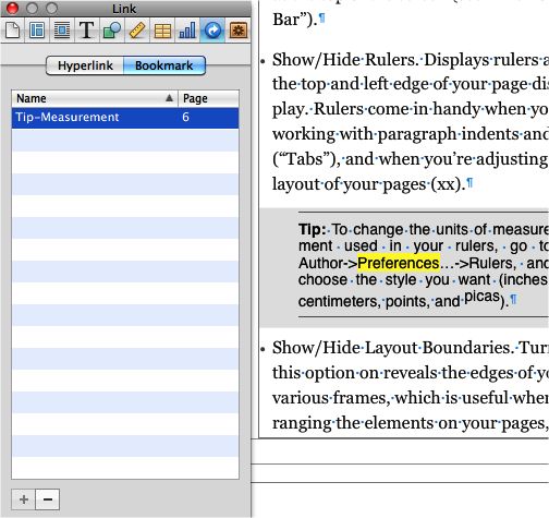 The first step in creating a cross-reference is to add a bookmark. This is a bookmark for the Tip paragraph on this page. You can also add bookmarks via the Link Inspector, by clicking in the text you want to bookmark and then clicking the + button.