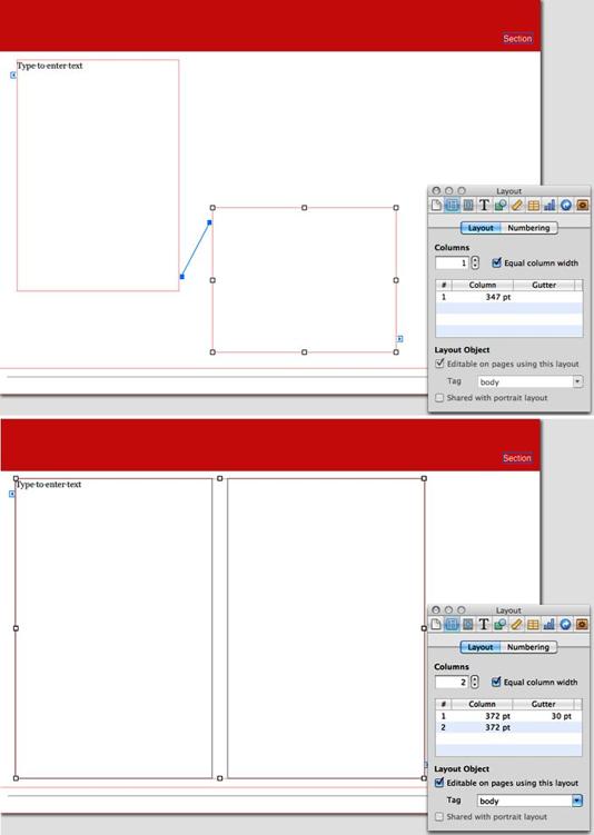 Two custom layout pages; one uses two static linked text boxes (top) and the other uses a single text box split into two columns (bottom).