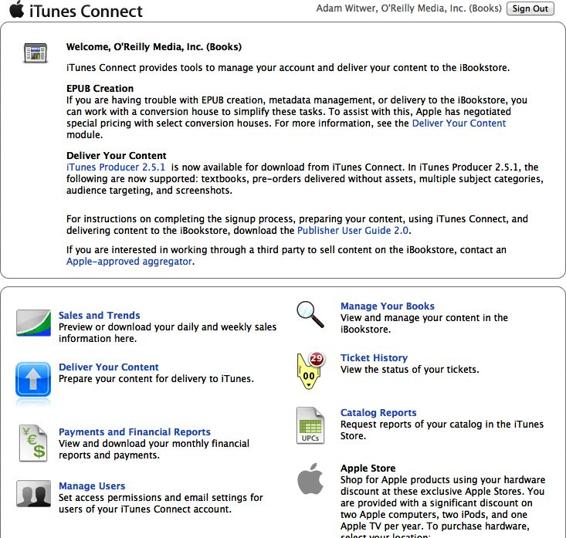 iTunes Connect allows you to manage and track books that you’ve submitted to Apple for publication in the iBookstore.