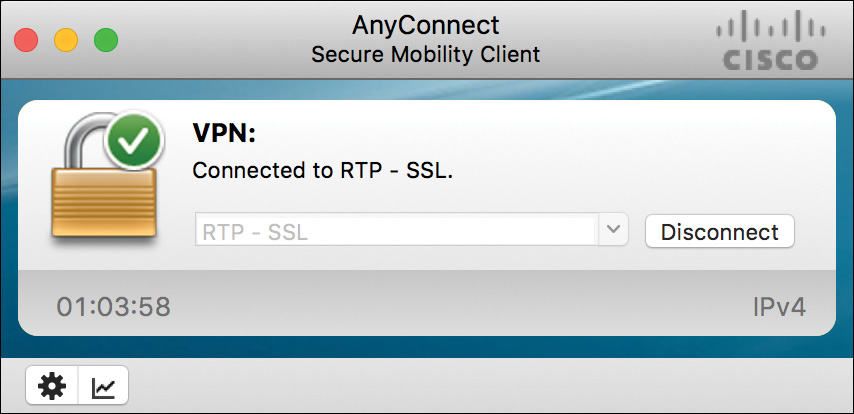 A screenshot depicts the AnyConnect Secure Mobility Client Screen. The VPN device is connected to RTP  SSL device. Settings button is shown at the bottom.