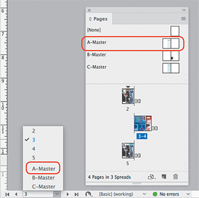 A snapshot shows the selection of A-Master from the status bar and from the Pages panel.