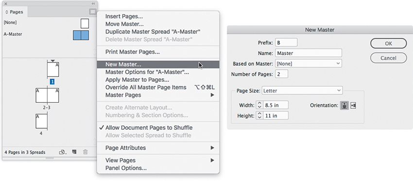 The first step of adding a new master page where the New Master option is selected from the Pages pop-up dialog box.