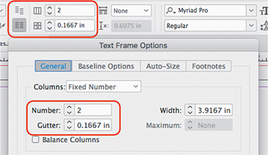 A screenshot of the Text Frame Options dialog box and control panel depicts changing the column settings for a text frame.