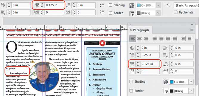 A screenshot of Paragraph panel and a portion of Control panel are shown along with a newsletter.