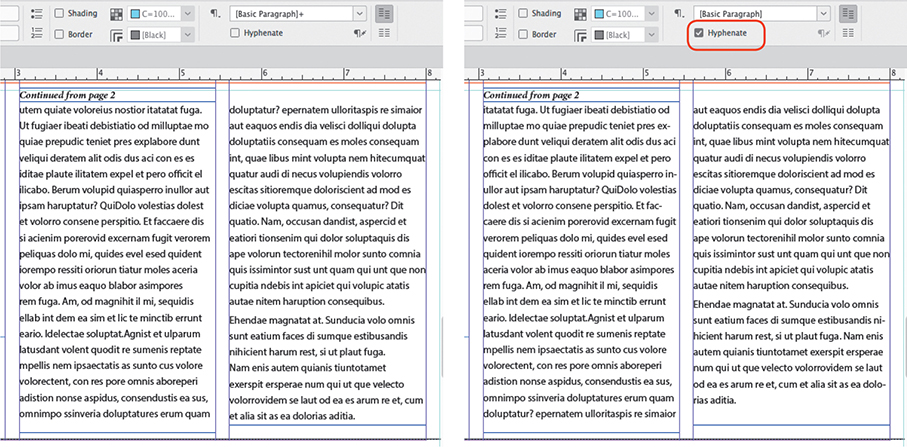 A snapshot of the control panel with the workspace depicts disabling hyphenation for a paragraph.