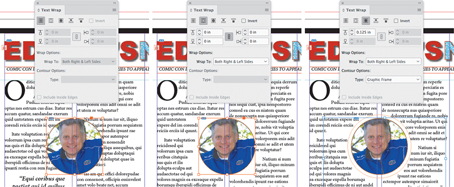 A set of three screenshots along with newsletter depicts the use of wrap options in the Text Wrap panel.