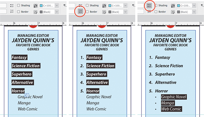 Three screenshots placed adjacent to each other illustrates the creation of bulleted and numbered lists.