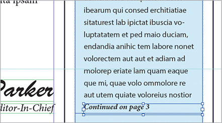 The bottom portion of a text frame of a story and a small text frame is shown. The story text frame has 2 columns. In the small text frame below the bottom of the second column, Continued on page 8 is displayed.