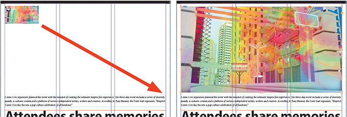 A screenshot of the InDesign document window shows the loaded cursor icon at the top-left of the window dragged toward the bottom-right and is indicated by a diagonal arrow.