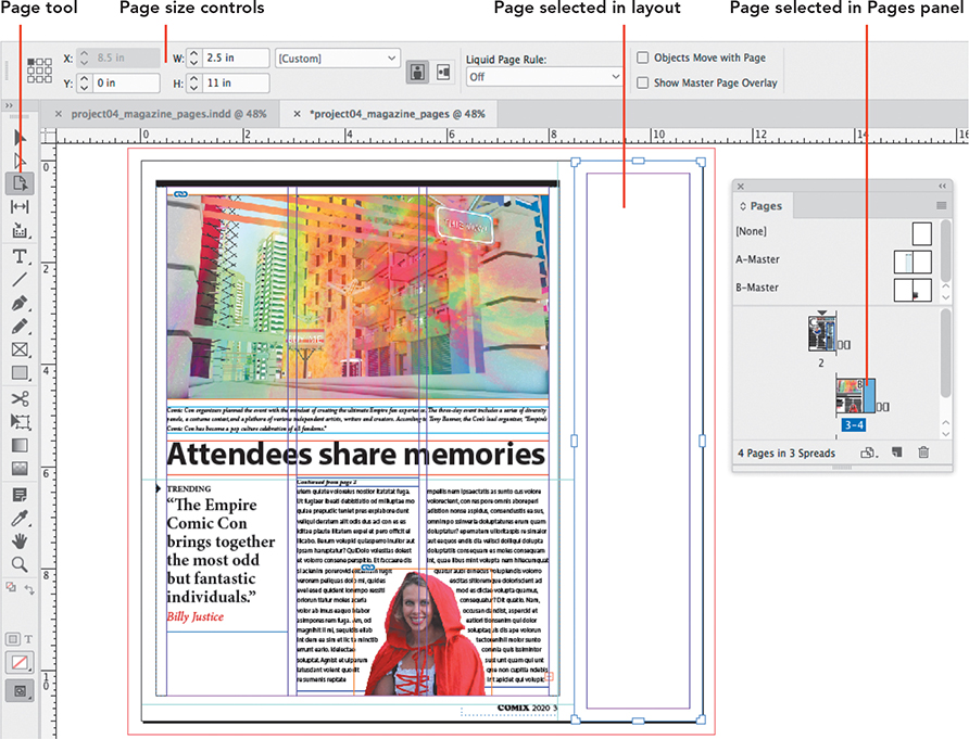 A screenshot of the InDesign Essentials workspace depicts changing the page size of a document page.