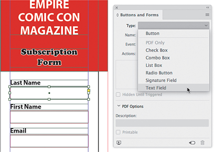 A screenshot of the Buttons and Forms panel illustrates the conversion of a rectangle to a text field.