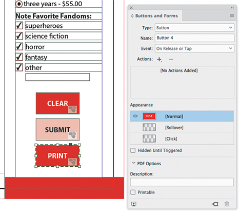 A screenshot of the Buttons and Forms panel along with a form is displayed.