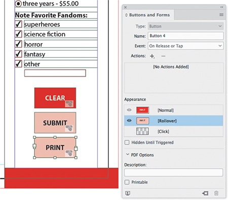 A screenshot of the Buttons and Forms panel along with a form is displayed.