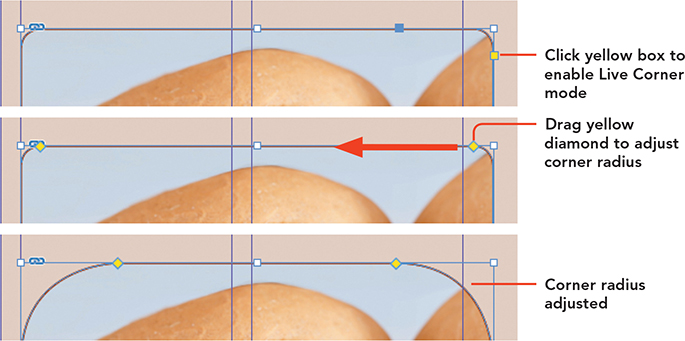 Three graphic frames placed one below the other depict editing corner options in Live Corner mode.