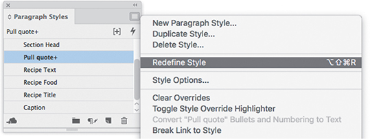 A screenshot of the Paragraph panel depicts redefining a style.