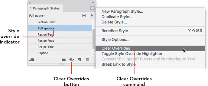 A screenshot of the Paragraph Styles panel depicts overriding a style.