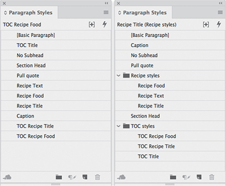 Two screenshots of the Paragraph Styles panel depict grouping the styles.