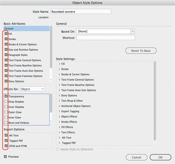 A screenshot of the Object Style Options dialog box is shown.